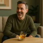 tottering glass sitting at an angle on a coaster with whiskey in it and a man smiling as he enjoys the evening