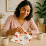 woman picking up spills from the kitchen counter using the magic mushroom towel from hem and tassel