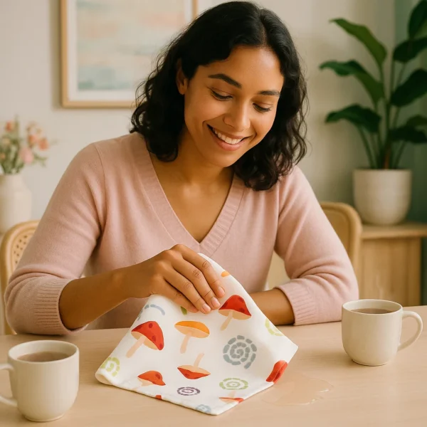 woman picking up spills from the kitchen counter using the magic mushroom towel from hem and tassel