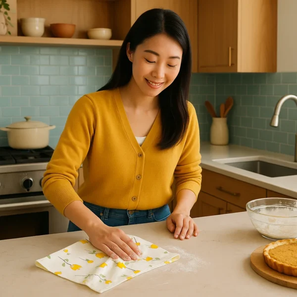 lip tulip tea towel being used to wipe some spilt flour on kitchen counter