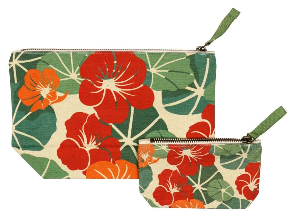 Down To Earth pouches in two sizes of nasturtium design from Hem And Tassel