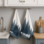The park towels haning in a kitchen