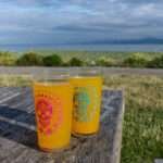 16oz glasses with skull design in pink and blue with juice inside on park table