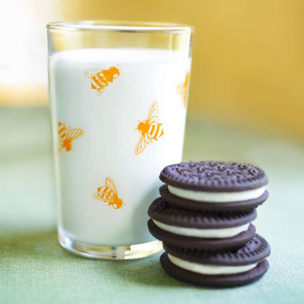 37927-C-7oz honey bee print vintage juice glass with milk and Oreos by dte from hem and tassel