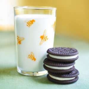 37927-C-7oz honey bee print vintage juice glass with milk and Oreos by dte from hem and tassel