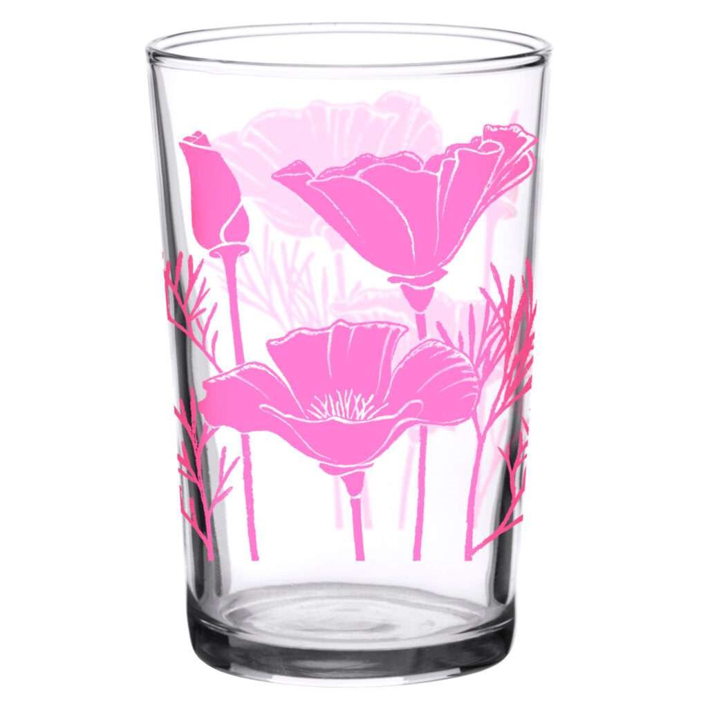 37946A-7oz pink poppy print vintage juice glass by dte from hem and tassel