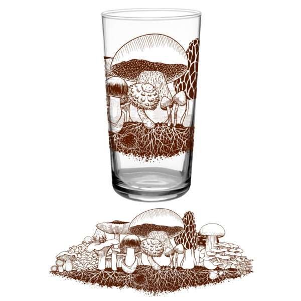 37950-Group-16 oz vintage beverage glass with mushroom hill design by dte from hem and tassel