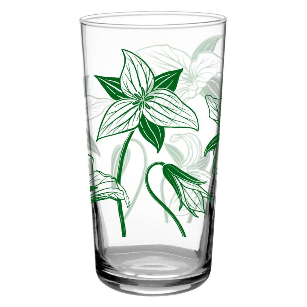 37954-A-16 oz vintage beverage glass with trillium design by dte from hem and tassel
