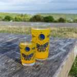 7oz and 16oz moon moth glasses on a park table with juice inside
