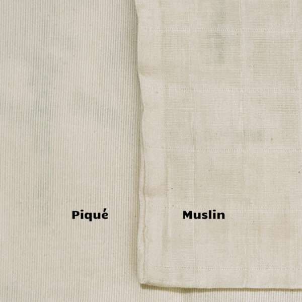 Close up of pique and muslin fabricsfrom hem and tassel