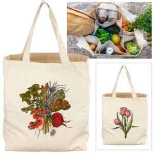 Market tote with internal partitions with tulips on one side and veggie bouquet on other side 65925-Group