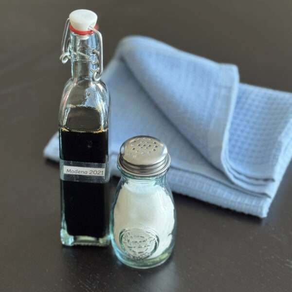 Salt & Vinegar in theeir respective recycled glass containers by dte from hem and tassel