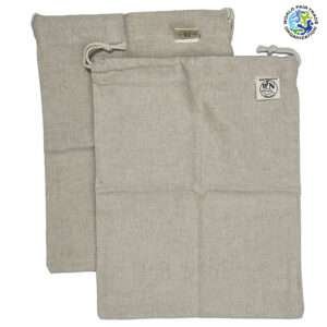 two hemp and cotton produce bags shwon opened upfrom hem and tassel
